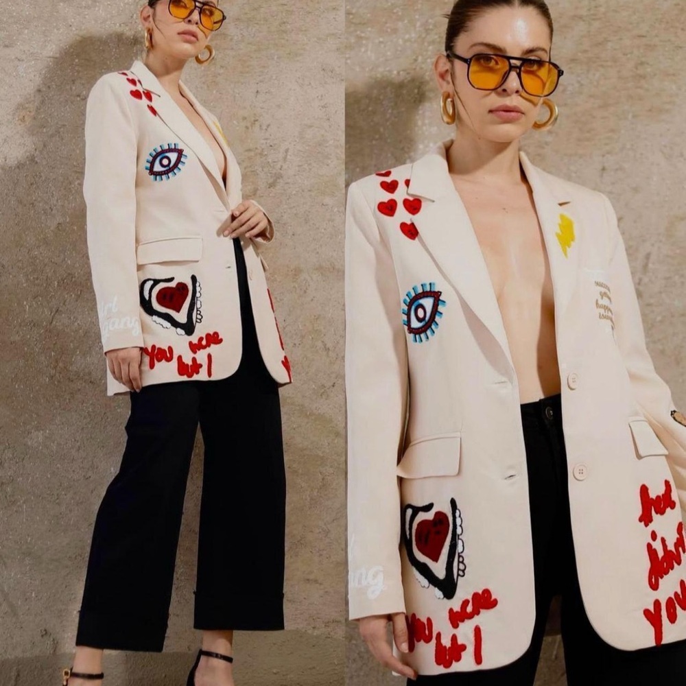 Artistic Cream Blazer with Heart and Eye Designs